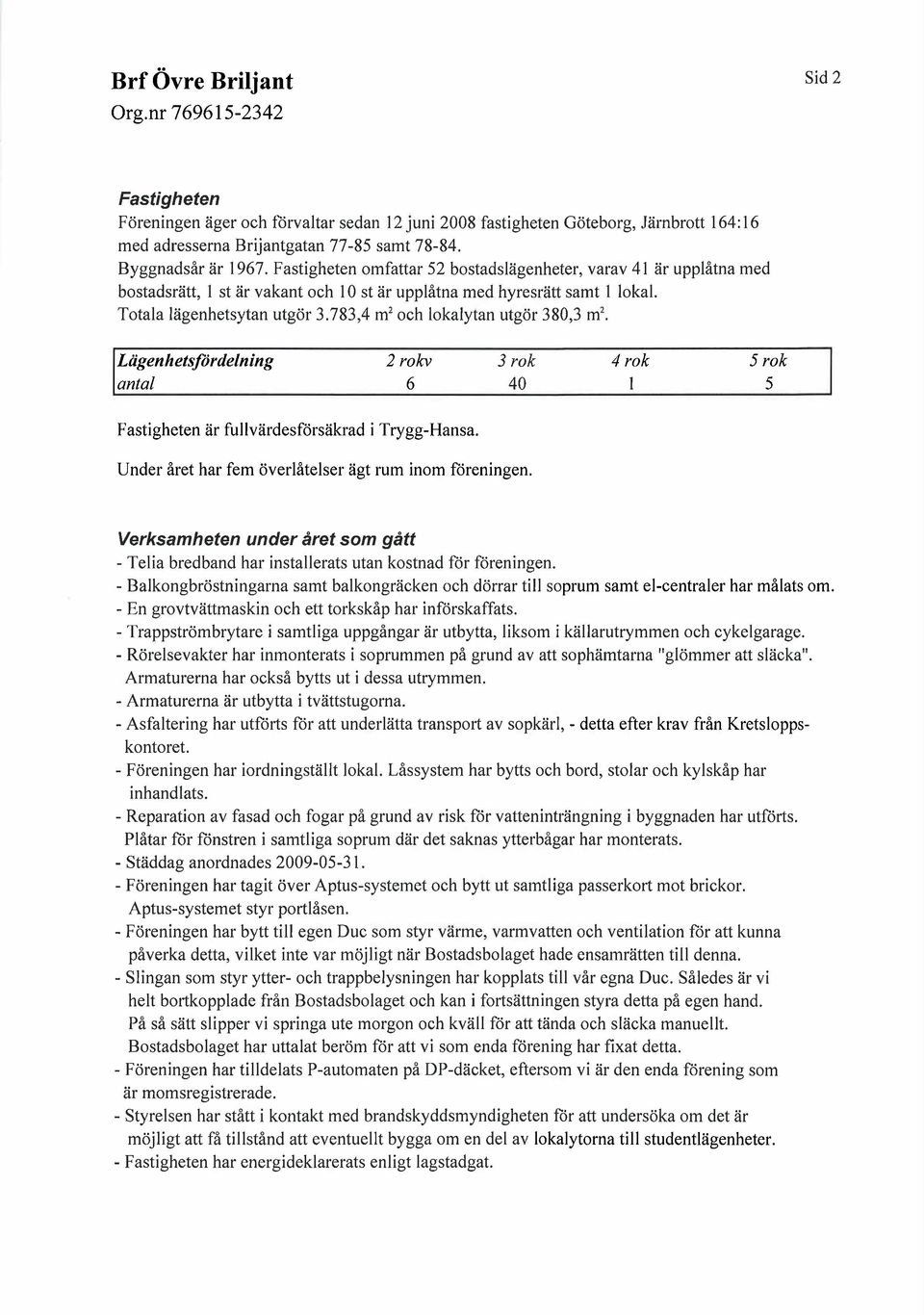 783,4 m2 och lokalytan utgör 380,3 m2. Lägenlietsfördelning antal 2 rokv 6 3 rok 40 4 rok 1 5 rok 5 Fastigheten är fullvärdesförsäkrad i Trygg-Hansa.