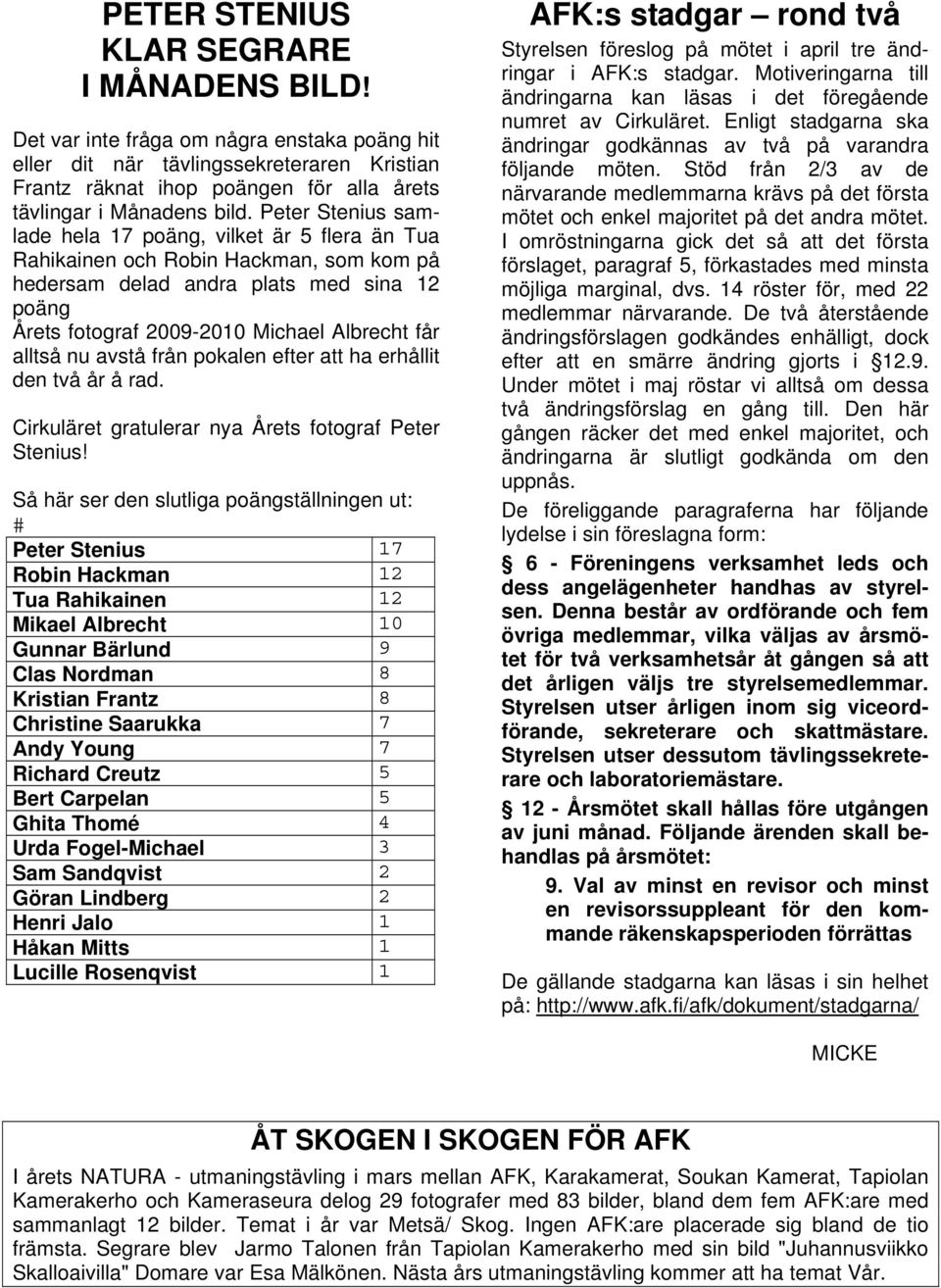 Peter Stenius samlade hela 17 poäng, vilket är 5 flera än Tua Rahikainen och Robin Hackman, som kom på hedersam delad andra plats med sina 12 poäng Årets fotograf 2009-2010 Michael Albrecht får