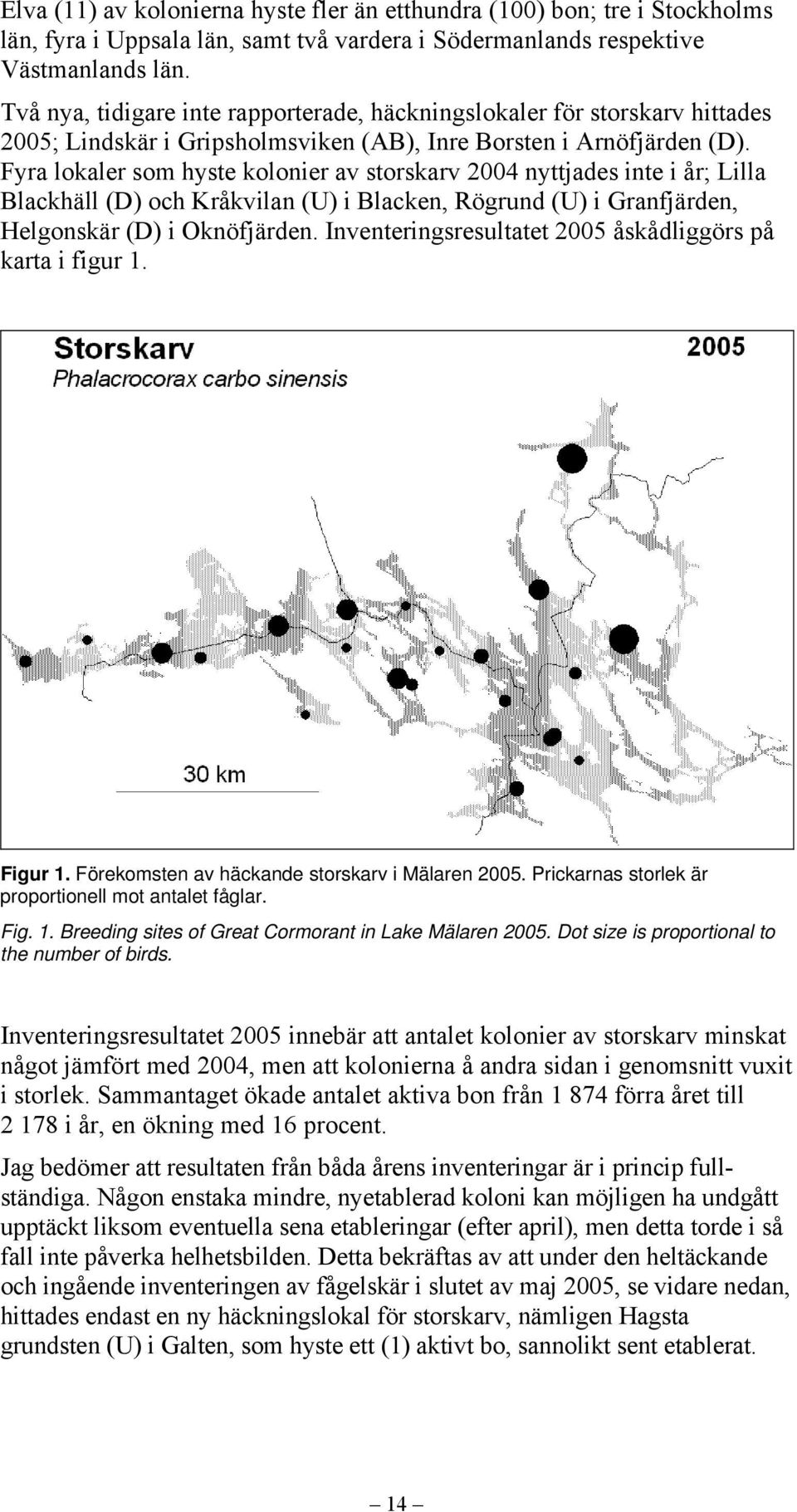 Fyra lokaler som hyste kolonier av storskarv 2004 nyttjades inte i år; Lilla Blackhäll (D) och Kråkvilan (U) i Blacken, Rögrund (U) i Granfjärden, Helgonskär (D) i Oknöfjärden.