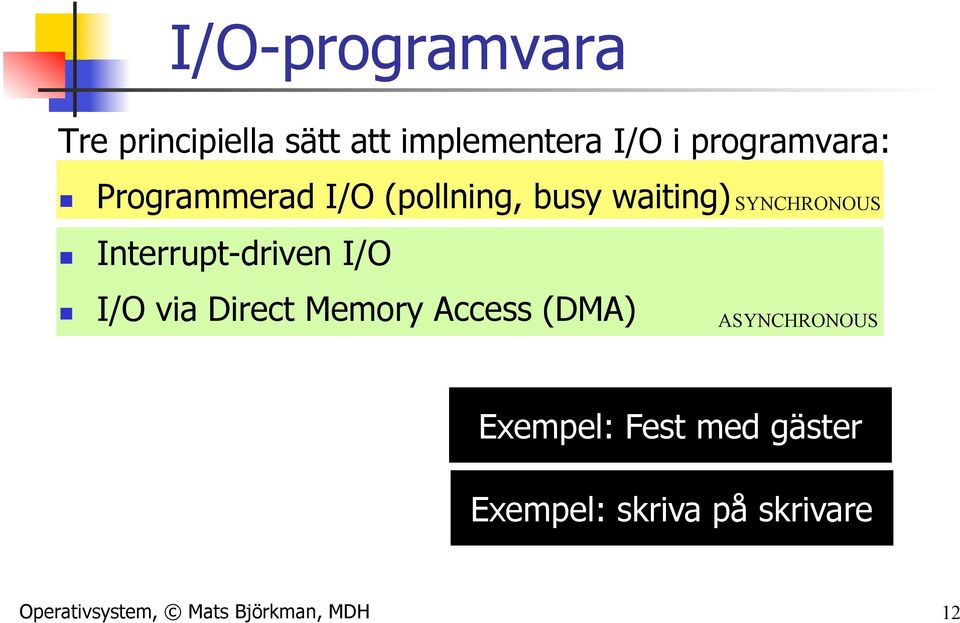 via Direct Memory Access (DMA) SYNCHRONOUS ASYNCHRONOUS Exempel: Fest med