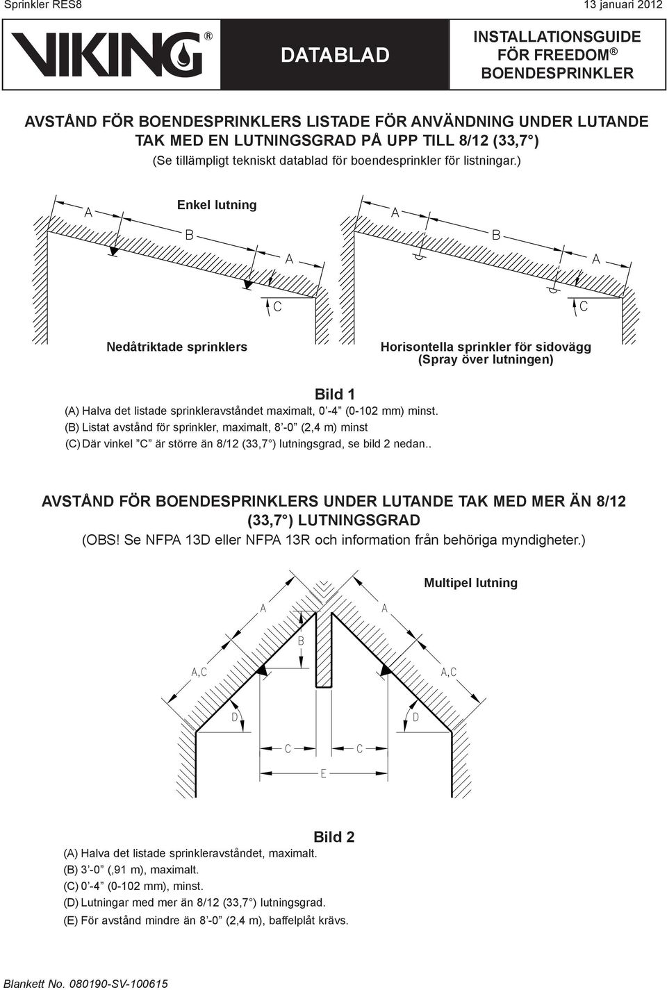 () Listat avstånd för sprinkler, maximalt, 8-0 (2,4 m) minst (C) Där vinkel C är större än 8/12 (33,7 ) lutningsgrad, se bild 2 nedan.