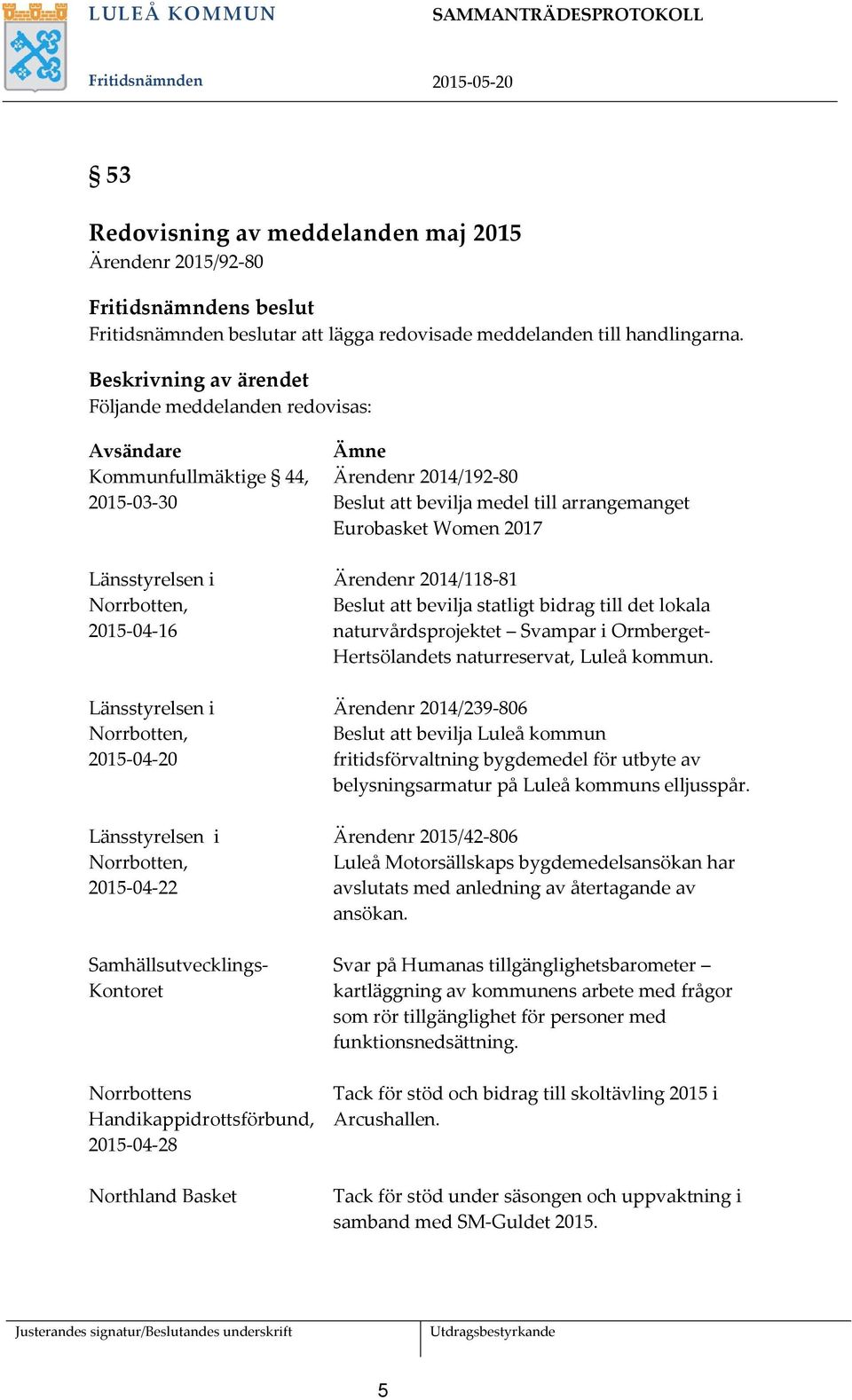 Norrbotten, 2015-04-22 Samhällsutvecklings- Kontoret Norrbottens Handikappidrottsförbund, 2015-04-28 Northland Basket Ämne Ärendenr 2014/192-80 Beslut att bevilja medel till arrangemanget Eurobasket