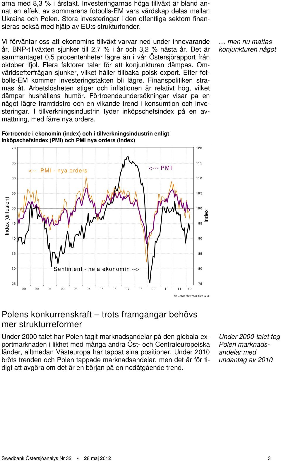 BNP-tillväxten sjunker till 2,7 % i år och 3,2 % nästa år. Det är sammantaget 0,5 procentenheter lägre än i vår Östersjörapport från oktober ifjol. Flera faktorer talar för att konjunkturen dämpas.