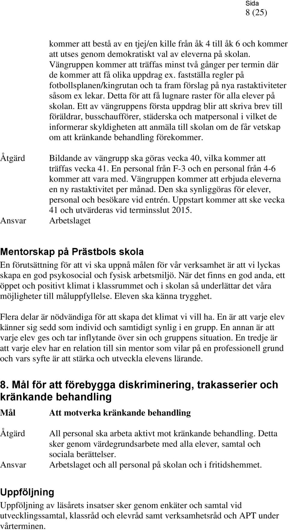 fastställa regler på fotbollsplanen/kingrutan och ta fram förslag på nya rastaktiviteter såsom ex lekar. Detta för att få lugnare raster för alla elever på skolan.