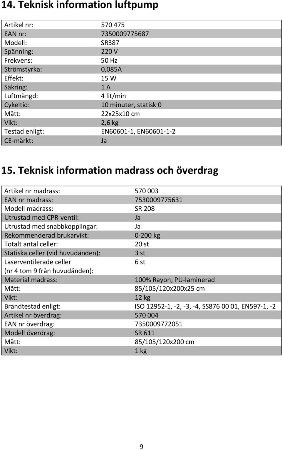 Teknisk information madrass och överdrag Artikel nr madrass: 570 003 EAN nr madrass: 7530009775631 Modell madrass: SR 208 Utrustad med CPR ventil: Ja Utrustad med snabbkopplingar: Ja Rekommenderad