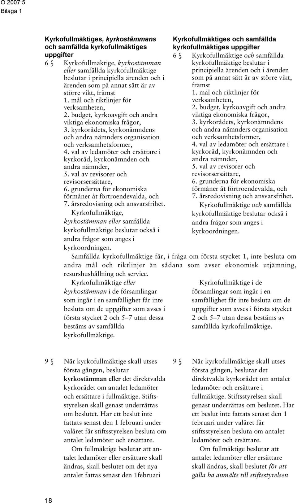 kyrkorådets, kyrkonämndens och andra nämnders organisation och verksamhetsformer, 4. val av ledamöter och ersättare i kyrkoråd, kyrkonämnden och andra nämnder, 5.