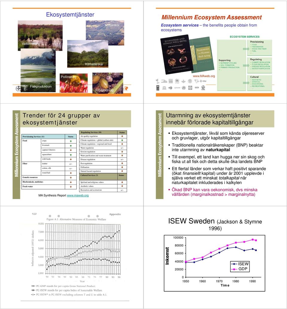 org Fiskproduktion kti Fröspridning Trender för 24 grupper av ekosystemtjänster Provisioning Services (11) Status Food crops livestock capture fisheries aquaculture wild foods Fiber timber +/ cotton,