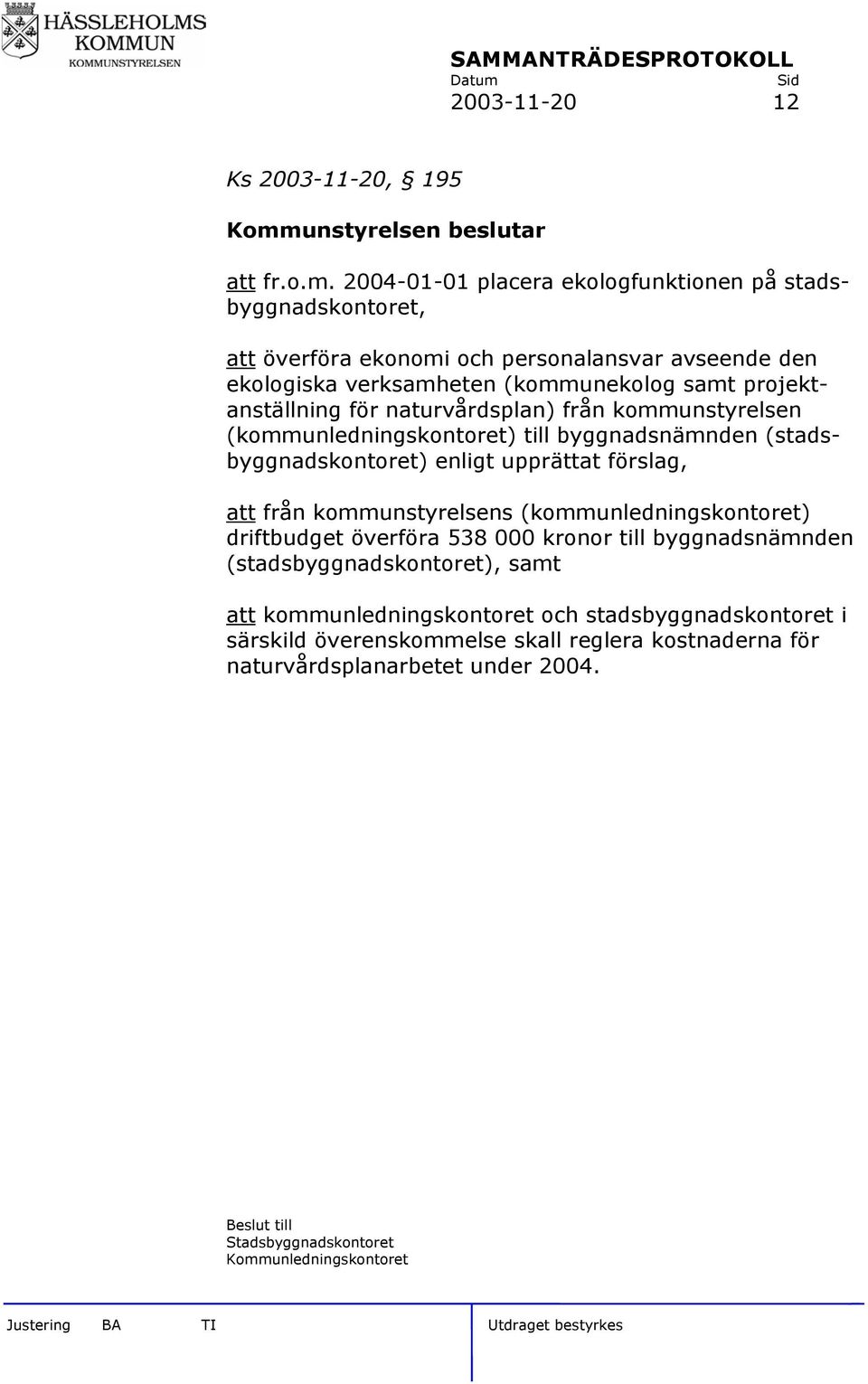 2004-01-01 placera ekologfunktionen på stadsbyggnadskontoret, att överföra ekonomi och personalansvar avseende den ekologiska verksamheten (kommunekolog samt projektanställning för