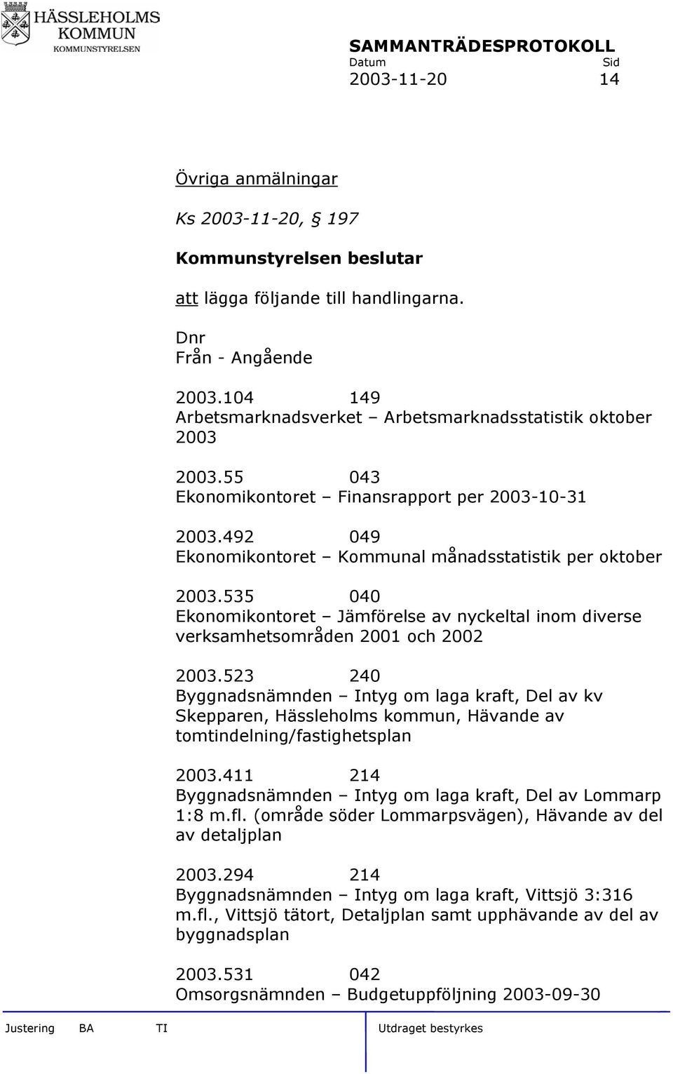 535 040 Ekonomikontoret Jämförelse av nyckeltal inom diverse verksamhetsområden 2001 och 2002 2003.