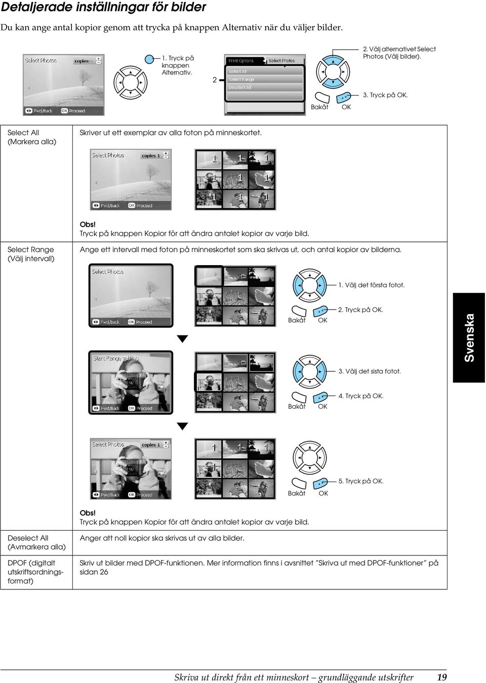 Tryck på knappen Kopior för att ändra antalet kopior av varje bild. Select Range (Välj intervall) Ange ett intervall med foton på minneskortet som ska skrivas ut, och antal kopior av bilderna. 1.