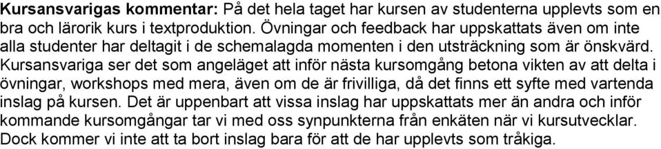 Kursansvariga ser det som angeläget att inför nästa kursomgång betona vikten av att delta i övningar, workshops med mera, även om de är frivilliga, då det finns ett syfte med