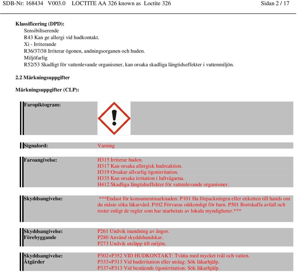 2 Märkningsuppgifter Märkningsuppgifter (CLP): Faropiktogram: Signalord: Faroangivelse: Skyddsangivelse: Varning H315 Irriterar huden. H317 Kan orsaka allergisk hudreaktion.