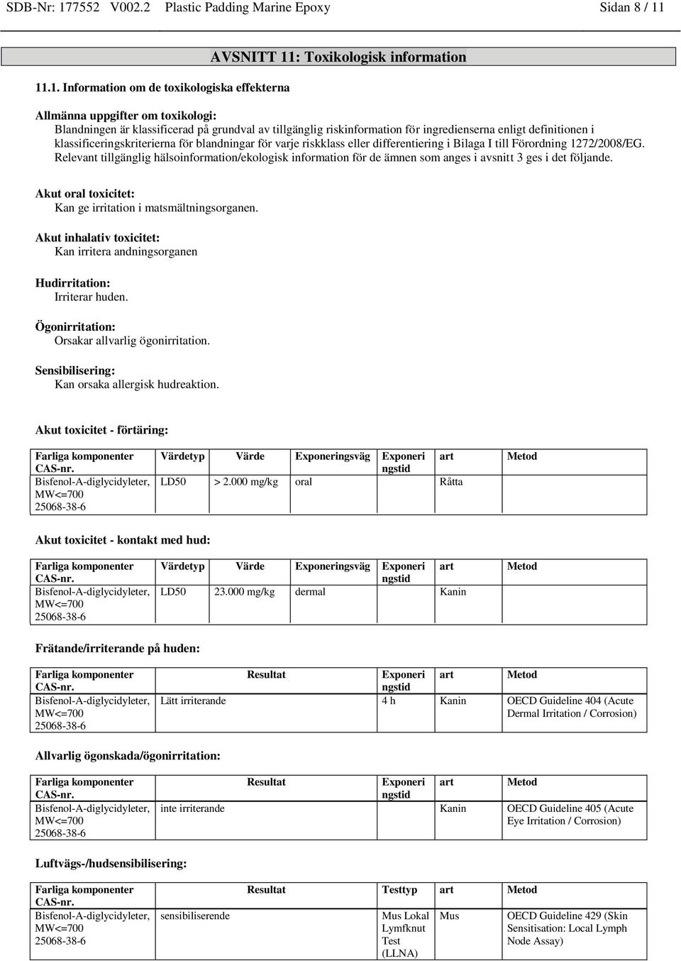 11.1. Information om de toxikologiska na AVSNITT 11: Toxikologisk information Allmänna uppgifter om toxikologi: Blandningen är klassificerad på grundval av tillgänglig riskinformation för