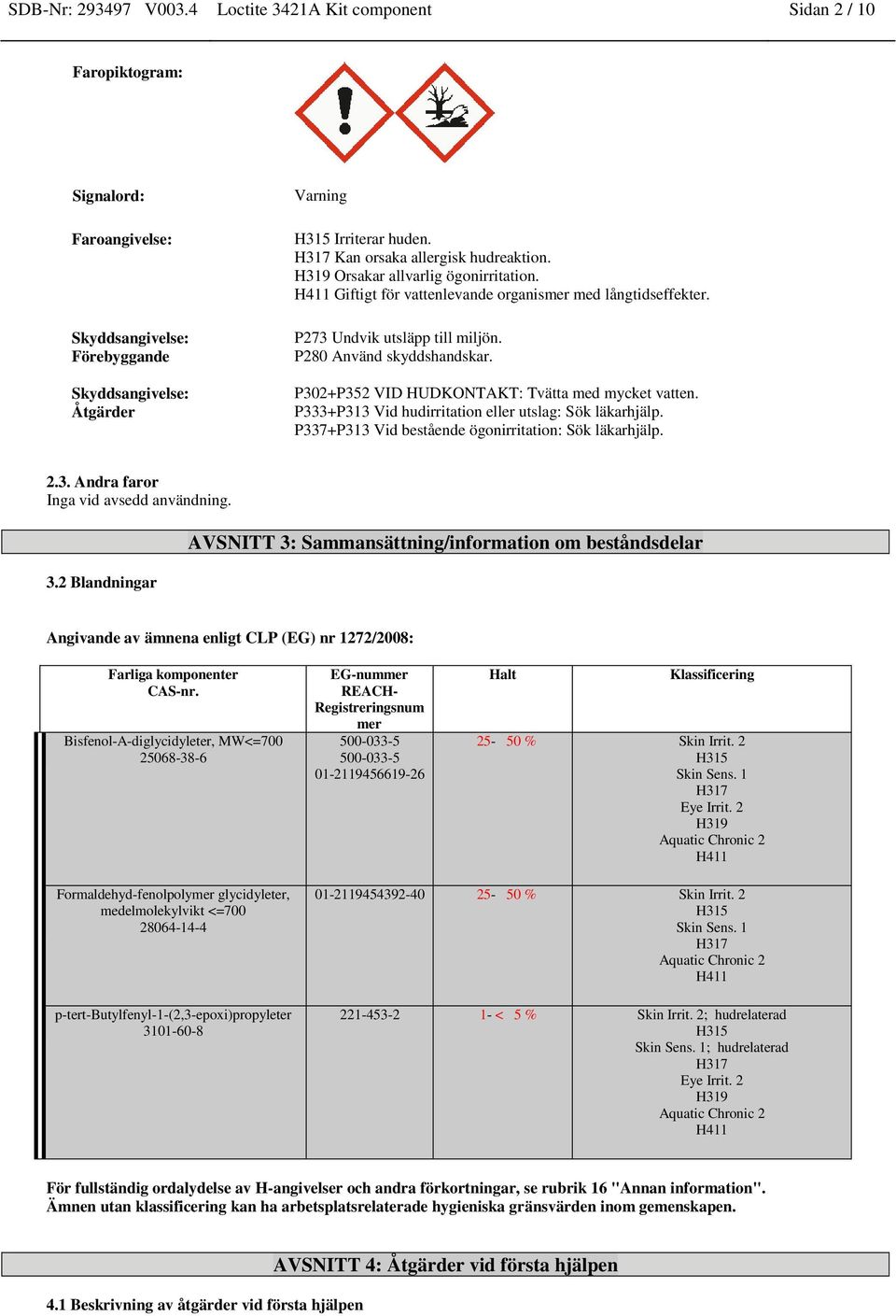 P280 Använd skyddshandskar. P302+P352 VID HUDKONTAKT: Tvätta med mycket vatten. P333+P313 Vid hudirritation eller utslag: Sök läkarhjälp. P337+P313 Vid bestående ögonirritation: Sök läkarhjälp. 2.3. Andra faror Inga vid avsedd användning.