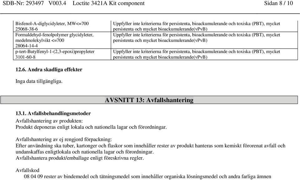 toxiska (PBT), mycket persistenta och mycket bioackumulerande(vpvb) Uppfyller inte kriterierna för persistenta, bioackumulerande och toxiska (PBT), mycket persistenta och mycket