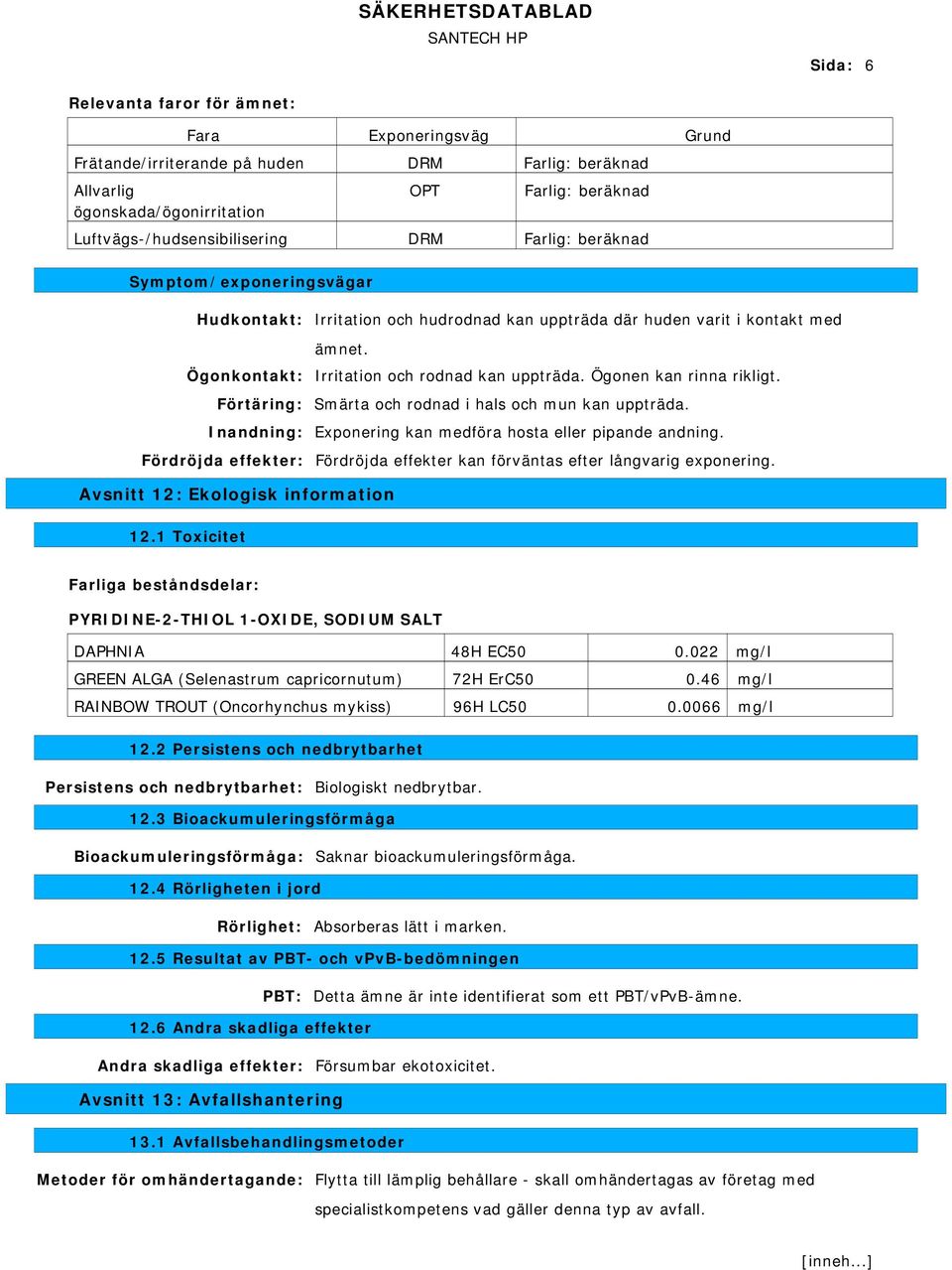 Irritation och rodnad kan uppträda. Ögonen kan rinna rikligt. Smärta och rodnad i hals och mun kan uppträda. Exponering kan medföra hosta eller pipande andning.