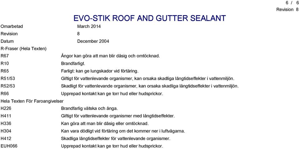 Skadligt för vattenlevande organismer, kan orsaka skadliga långtidseffekter i vattenmiljön. Upprepad kontakt kan ge torr hud eller hudsprickor. Brandfarlig vätska och ånga.