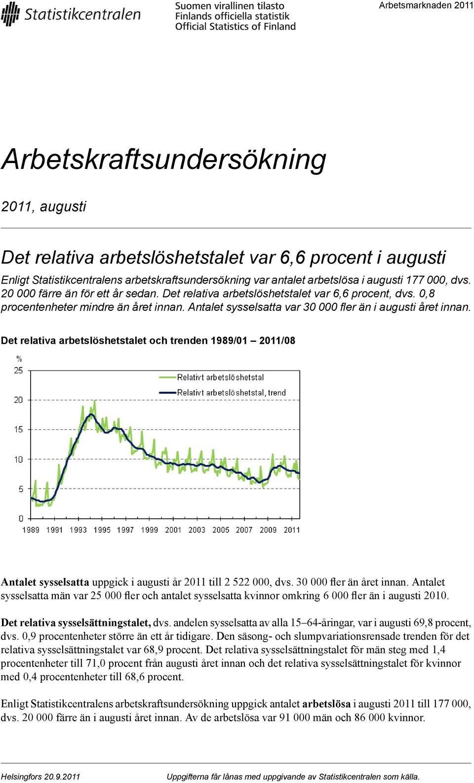 Antalet sysselsatta var 30 000 fler än i augusti året innan. Det relativa arbetslöshetstalet och trenden 1989/01 Antalet sysselsatta uppgick i augusti år 2011 till 2 522 000, dvs.