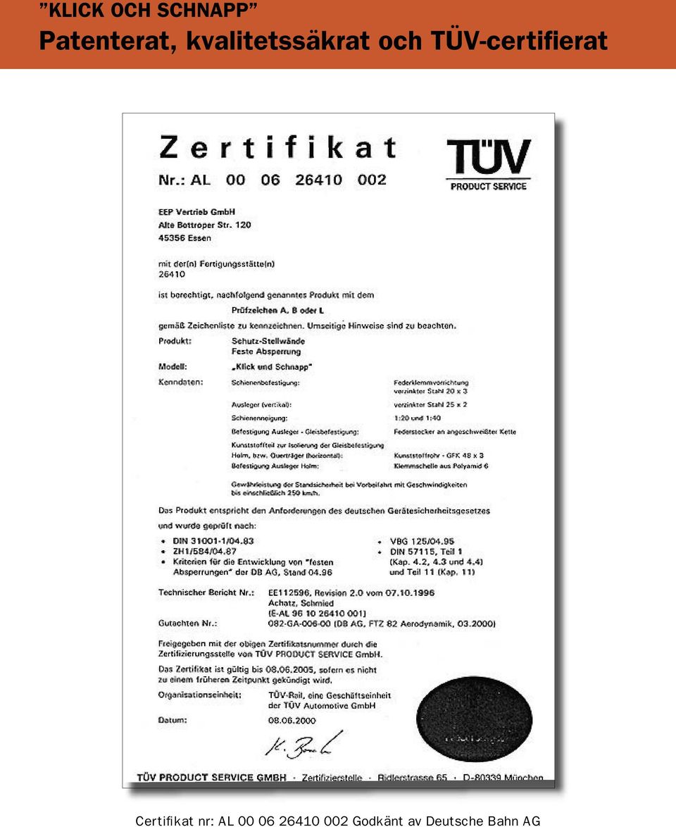 TÜV-certifierat Certifikat nr: