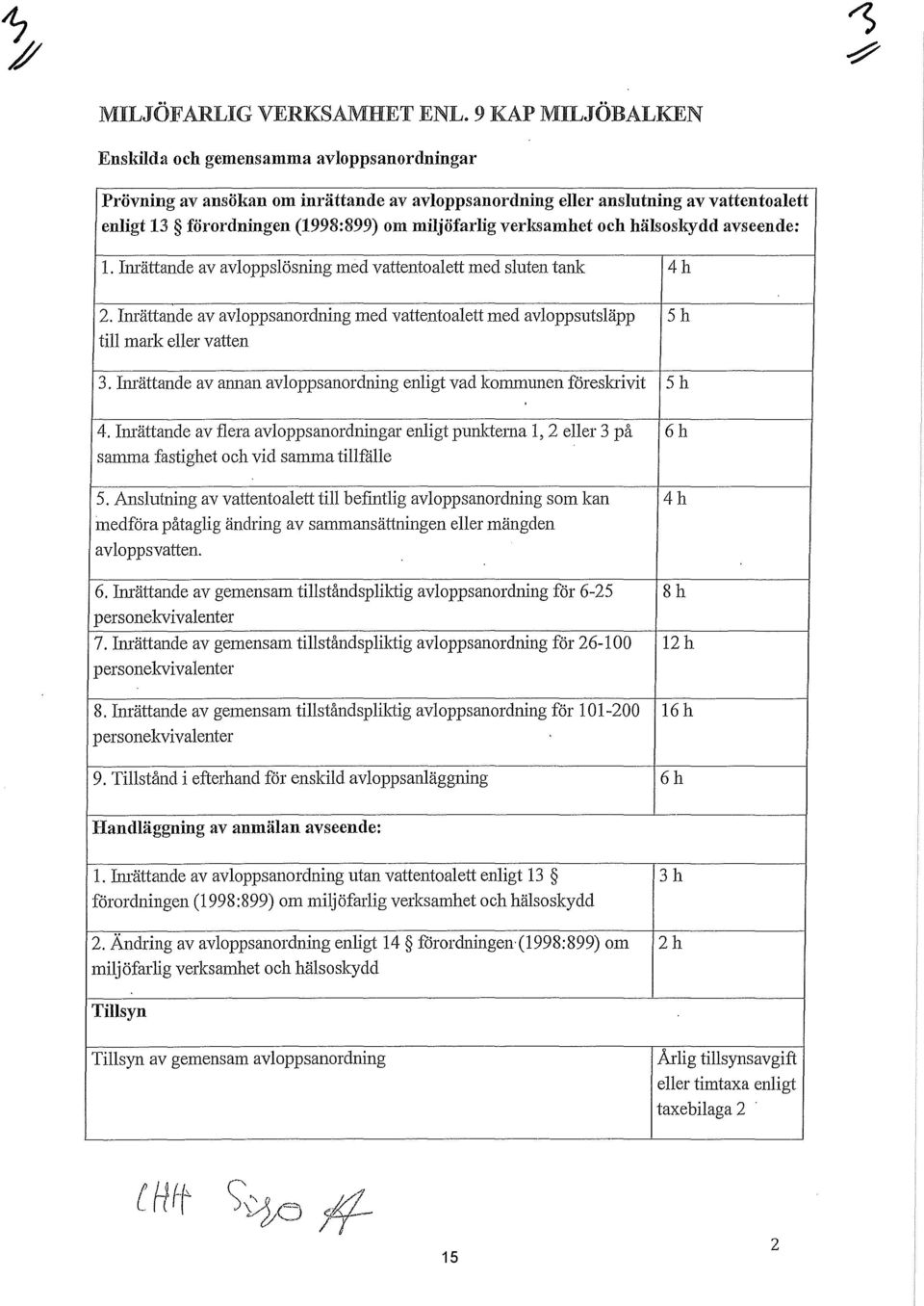 verksamhet och hälsoskydd avseende: l. Inrättande av avloppslösning med vattentoalett med sluten tank 4h 2.