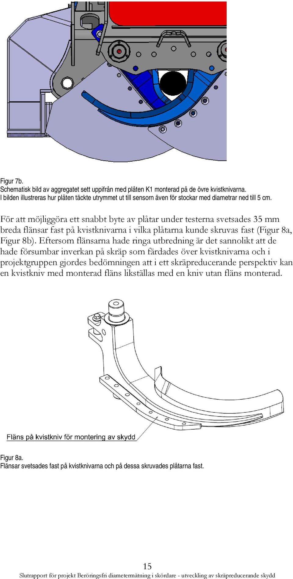 För att möjliggöra ett snabbt byte av plåtar under testerna svetsades 3 mm breda flänsar fast på kvistknivarna i vilka plåtarna kunde skruvas fast (Figur 8a, Figur 8b).