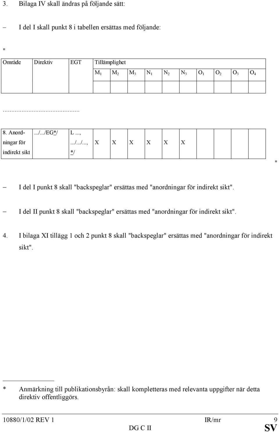 I del II punkt 8 skall "backspeglar" ersättas med "anordningar för indirekt sikt". 4.