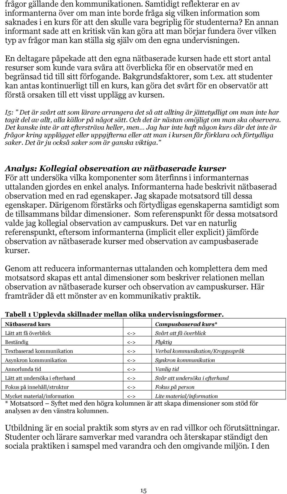 En annan informant sade att en kritisk vän kan göra att man börjar fundera över vilken typ av frågor man kan ställa sig själv om den egna undervisningen.