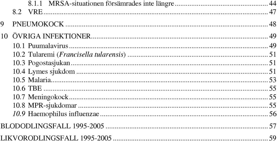 3 Pogostasjukan... 51 10.4 Lymes sjukdom... 51 10.5 Malaria... 53 10.6 TBE... 55 10.7 Meningokock.