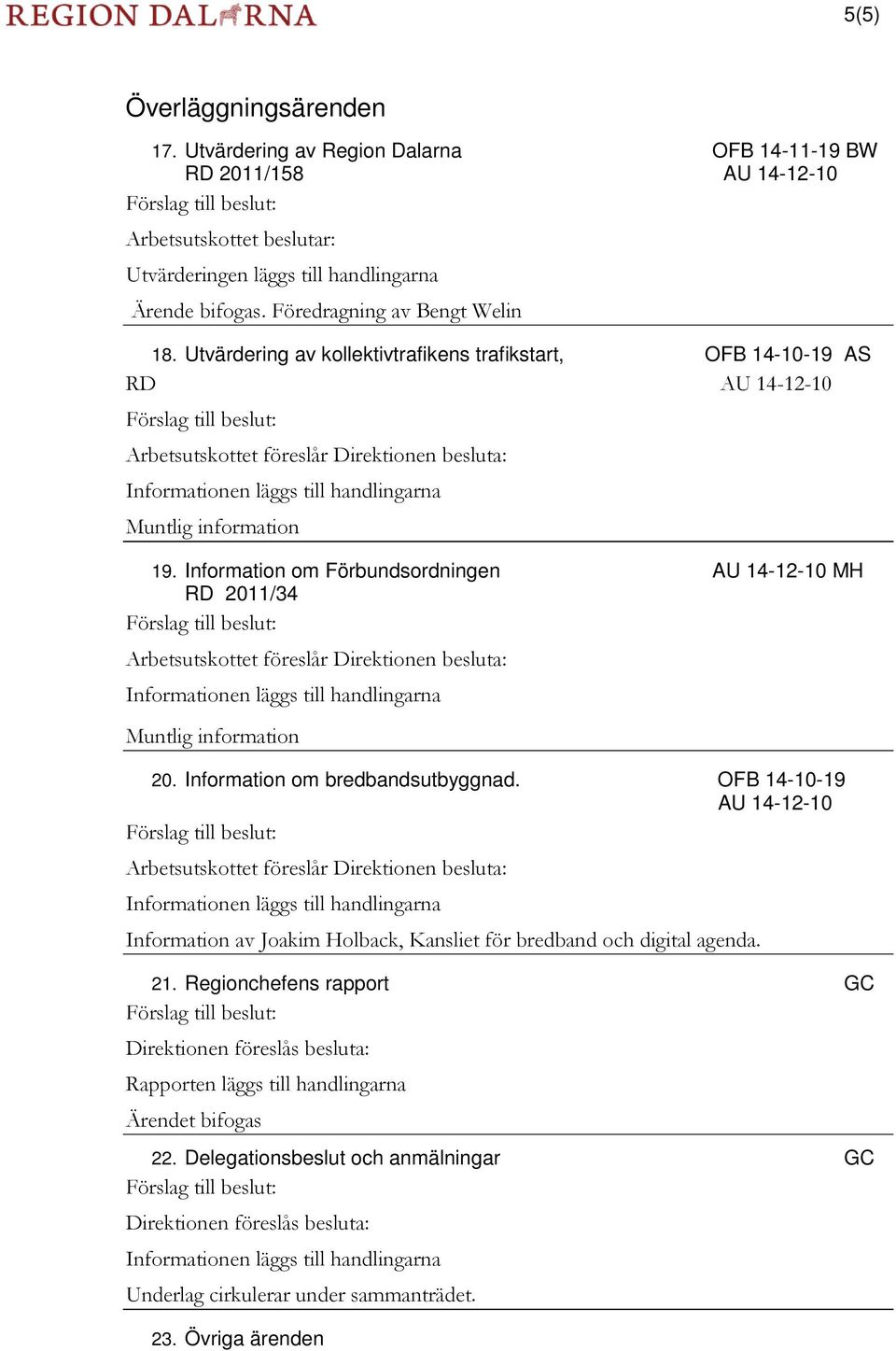Utvärdering av kollektivtrafikens trafikstart, OFB 14-10-19 AS RD AU 14-12-10 Förslag till beslut: Arbetsutskottet föreslår Direktionen besluta: Informationen läggs till handlingarna Muntlig