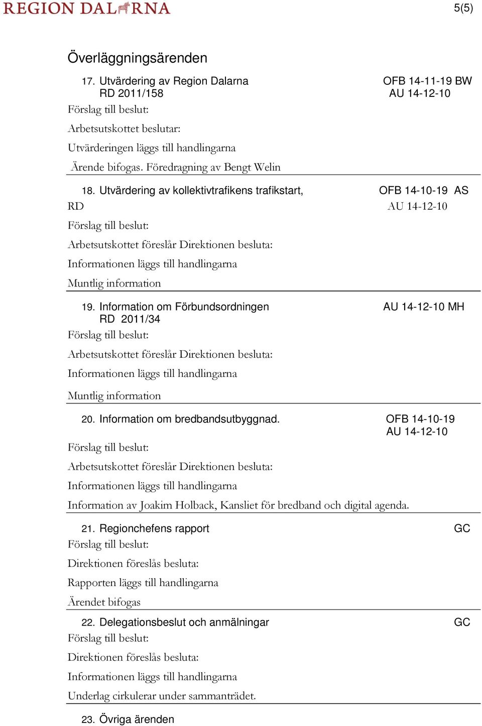 Utvärdering av kollektivtrafikens trafikstart, OFB 14-10-19 AS RD AU 14-12-10 Förslag till beslut: Arbetsutskottet föreslår Direktionen besluta: Informationen läggs till handlingarna Muntlig