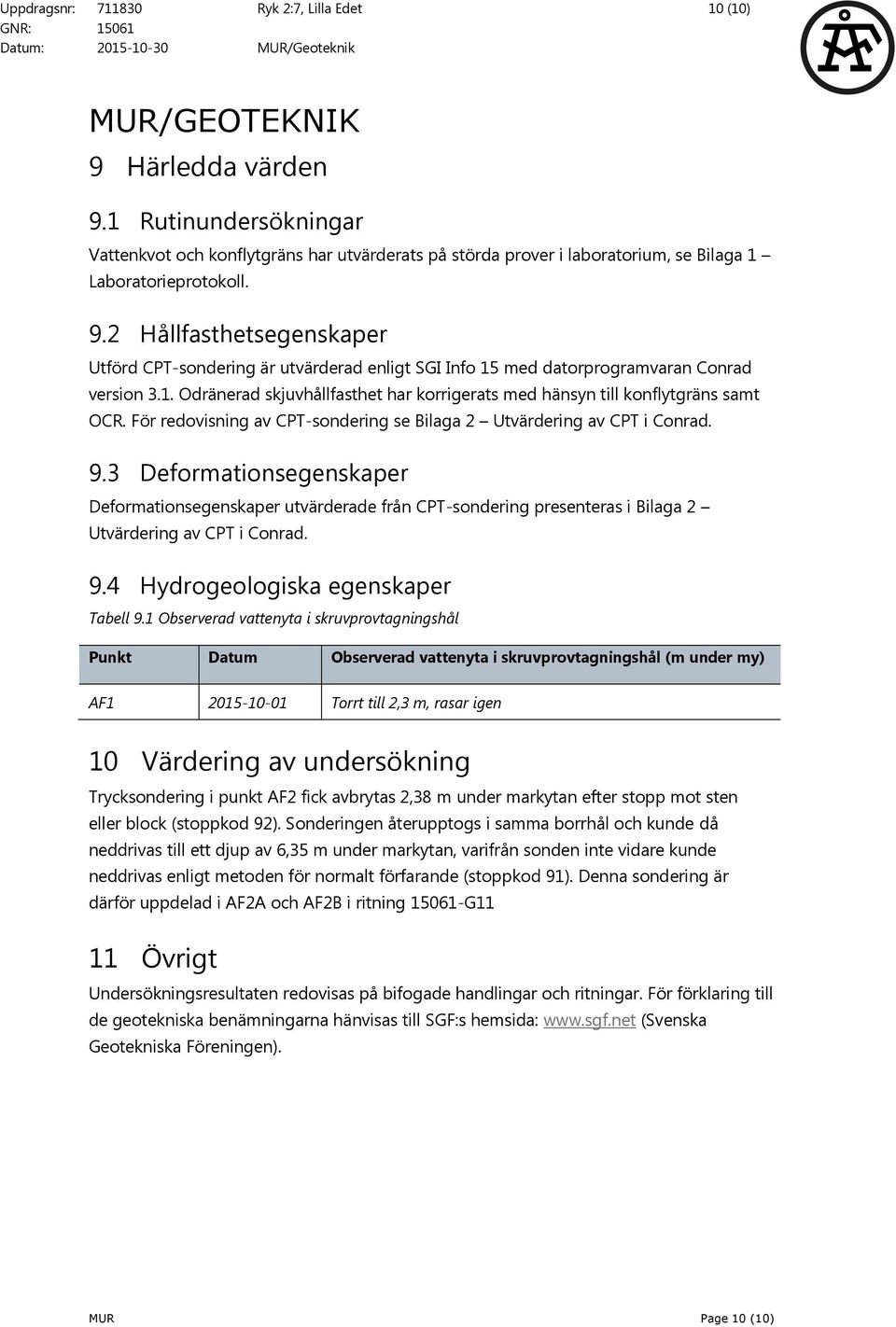 2 Hållfasthetsegenskaper Utförd CPT-sndering är utvärderad enligt SGI Inf 15 med datrprgramvaran Cnrad versin 3.1. Odränerad skjuvhållfasthet har krrigerats med hänsyn till knflytgräns samt OCR.