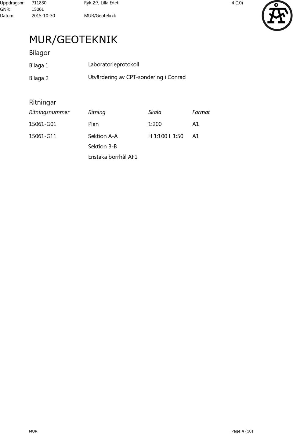 CPT-sndering i Cnrad Ritningar Ritningsnummer Ritning Skala Frmat 15061-G01 Plan