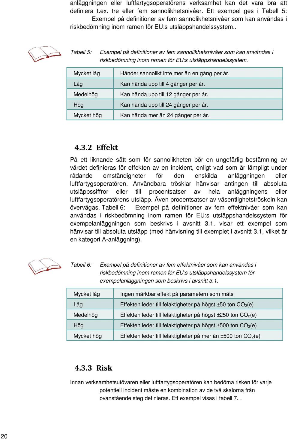 . Tabell 5: Exempel på definitioner av fem sannolikhetsnivåer som kan användas i riskbedömning inom ramen för EU:s utsläppshandelssystem.