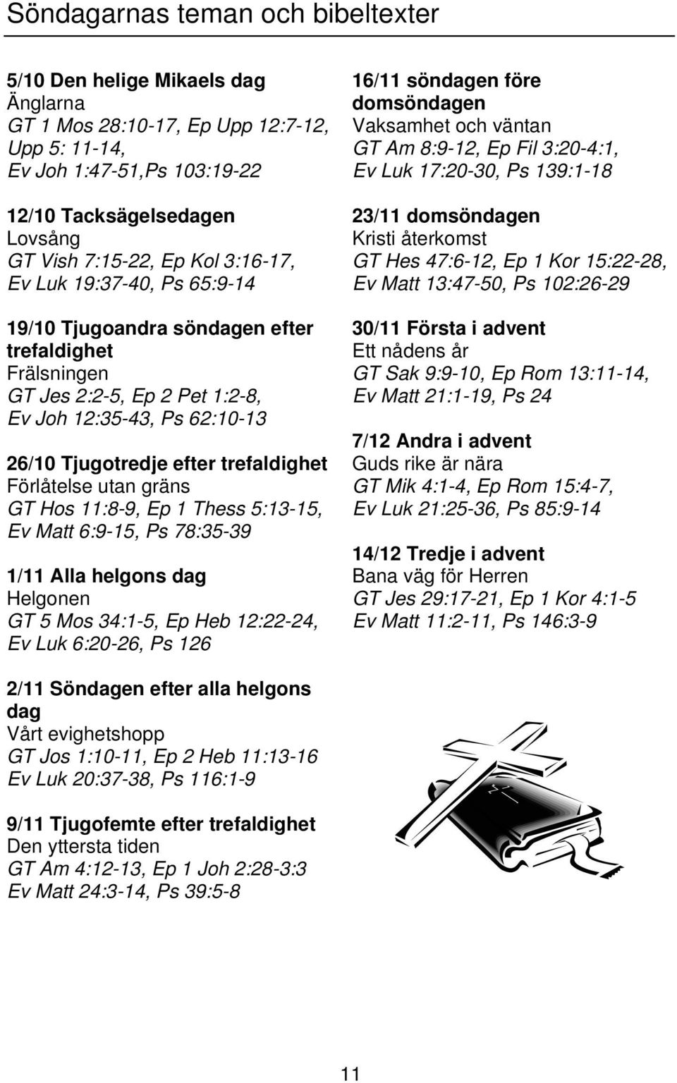 Förlåtelse utan gräns GT Hos 11:8-9, Ep 1 Thess 5:13-15, Ev Matt 6:9-15, Ps 78:35-39 1/11 Alla helgons dag Helgonen GT 5 Mos 34:1-5, Ep Heb 12:22-24, Ev Luk 6:20-26, Ps 126 16/11 söndagen före