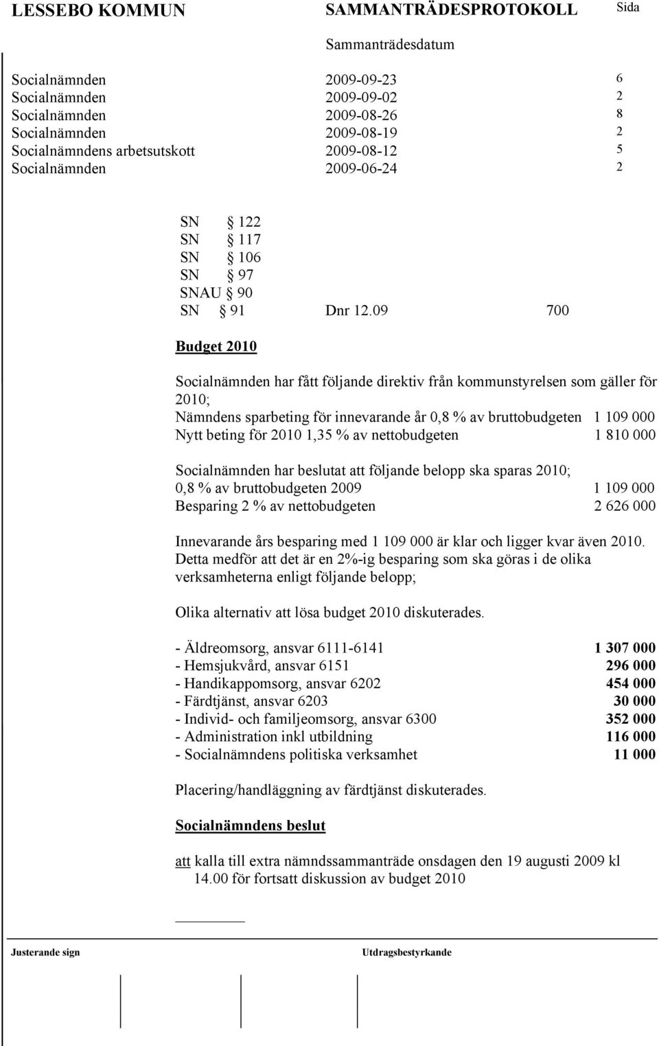 09 700 Budget 2010 Socialnämnden har fått följande direktiv från kommunstyrelsen som gäller för 2010; Nämndens sparbeting för innevarande år 0,8 % av bruttobudgeten 1 109 000 Nytt beting för 2010