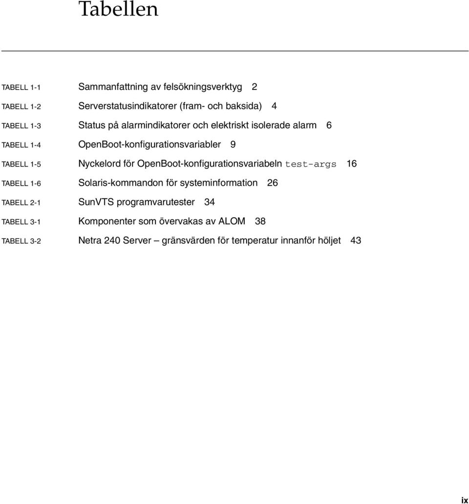 OpenBoot-konfigurationsvariabeln test-args 16 TABELL 1-6 Solaris-kommandon för systeminformation 26 TABELL 2-1 SunVTS