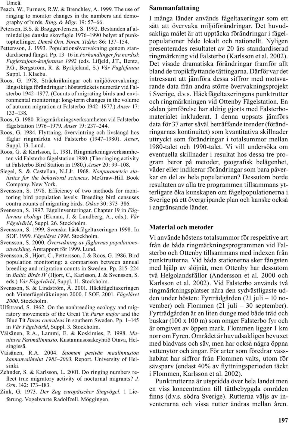 13 16 in Forhandlinger fra nordisk Fuglestajons-konferanse 1992 (eds. Lifjeld, J.T., Bentz, P.G., Bergström, R. & Byrkjeland, S.) Vår Fuglefauna Suppl. 1. Klaebu. Roos, G. 1978.