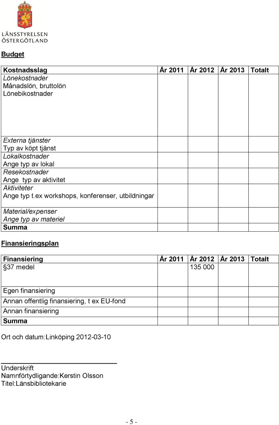ex workshops, konferenser, utbildningar Material/expenser Ange typ av materiel Summa Finansieringsplan Finansiering År 2011 År 2012 År 2013 Totalt