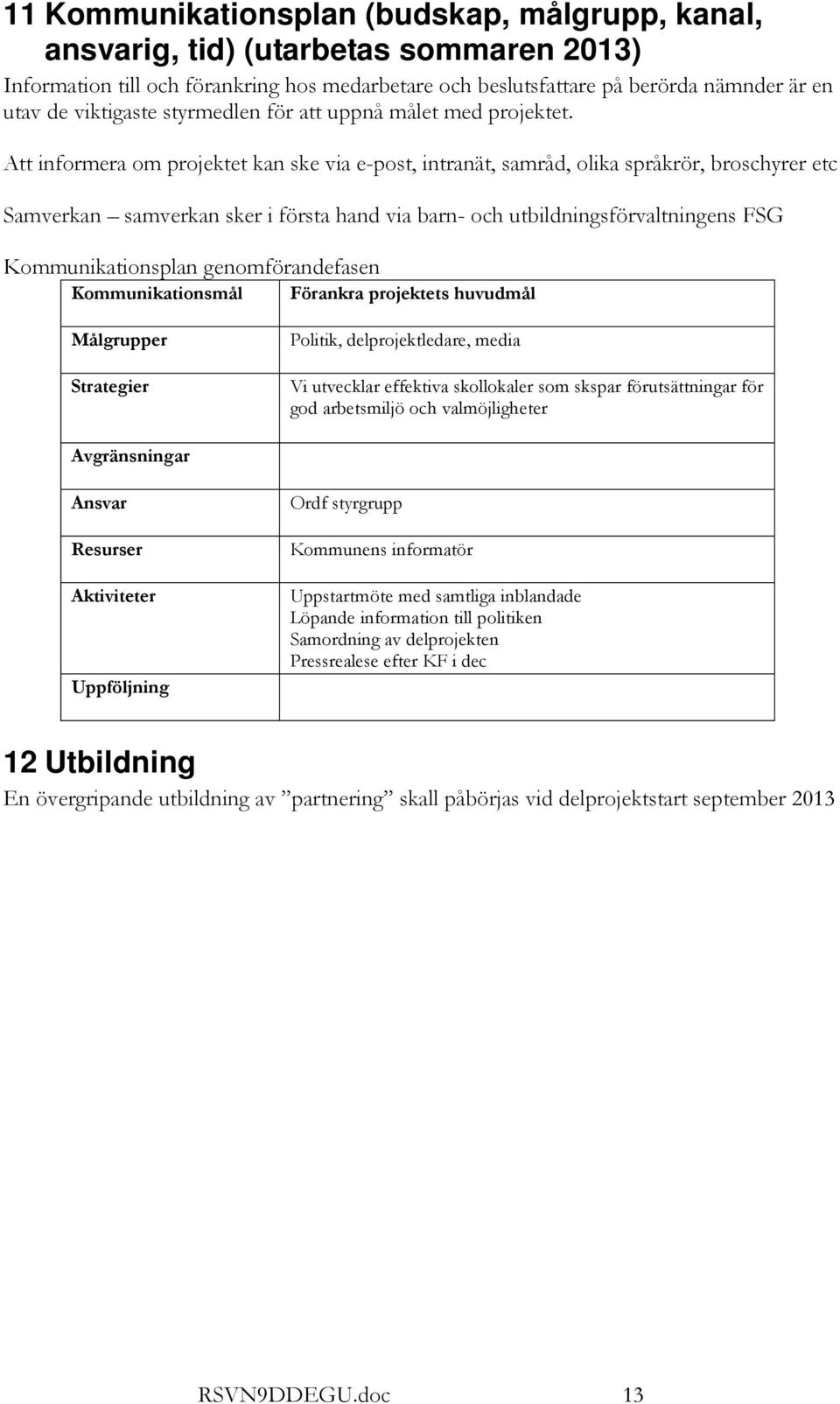 Att informera om projektet kan ske via e-post, intranät, samråd, olika språkrör, broschyrer etc Samverkan samverkan sker i första hand via barn- och utbildningsförvaltningens FSG Kommunikationsplan