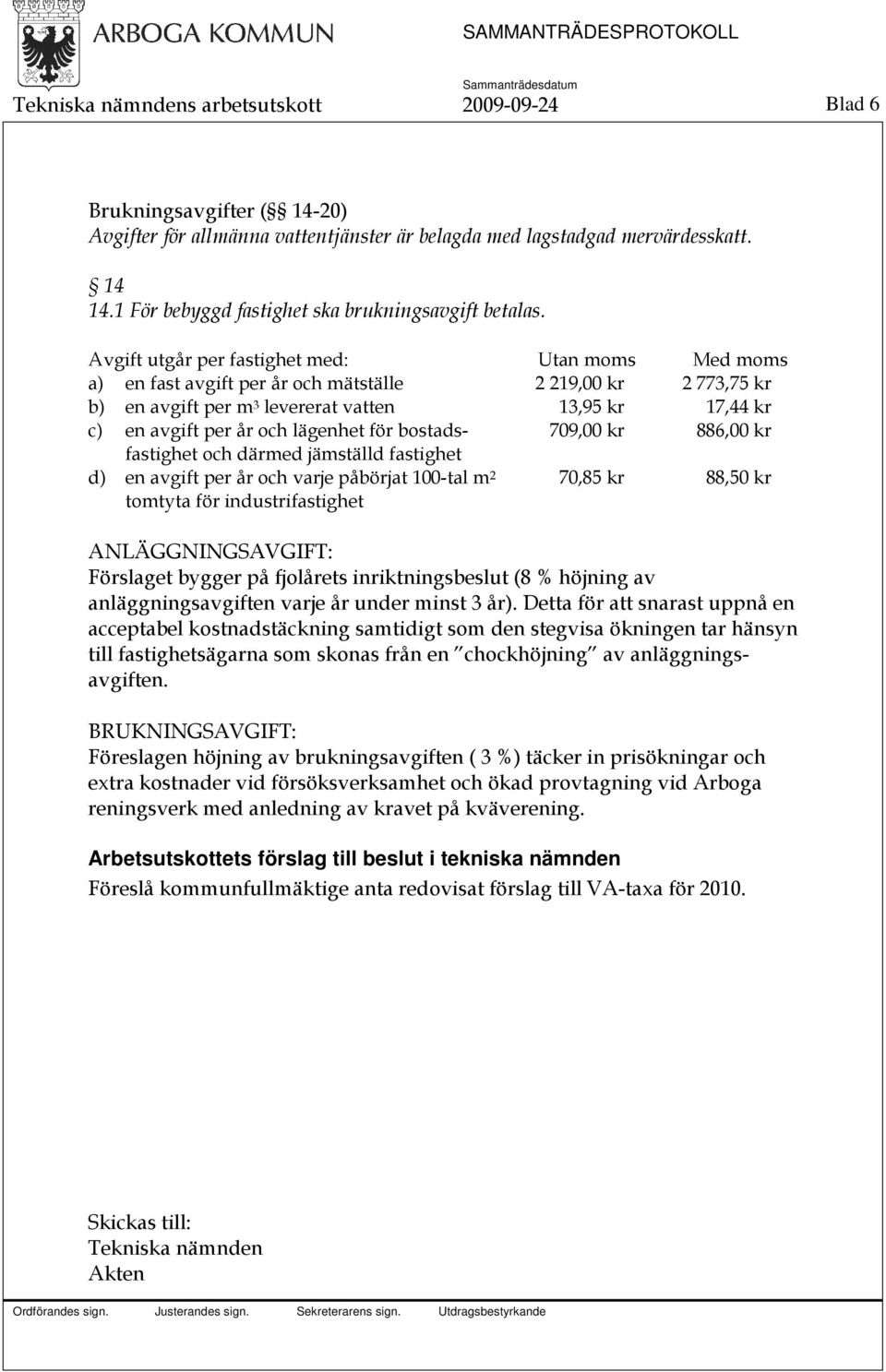 lägenhet för bostadsfastighet 709,00 kr 886,00 kr och därmed jämställd fastighet d) en avgift per år och varje påbörjat 100-tal m 2 tomtyta för industrifastighet 70,85 kr 88,50 kr ANLÄGGNINGSAVGIFT: