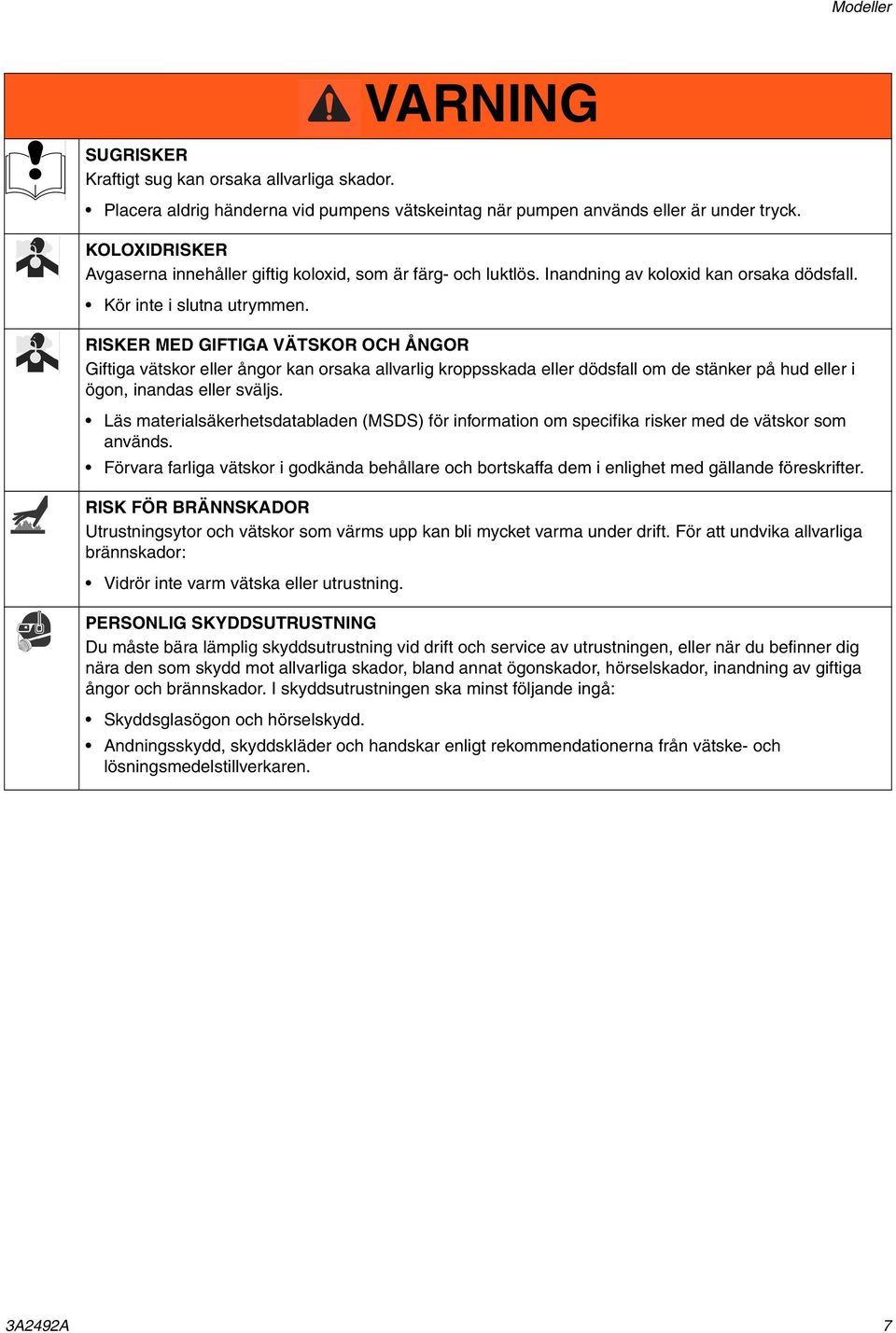 RISKER MED GIFTIGA VÄTSKOR OCH ÅNGOR Giftiga vätskor eller ångor kan orsaka allvarlig kroppsskada eller dödsfall om de stänker på hud eller i ögon, inandas eller sväljs.