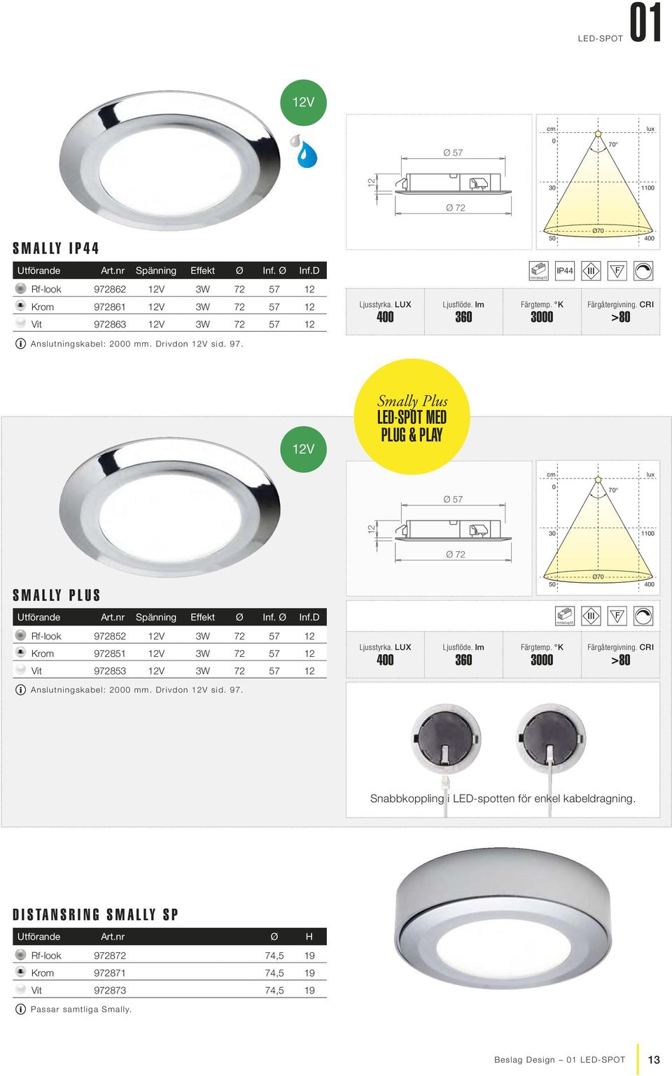 Drivdon sid. 97. Smally Plus LED-SPOT MED PLUG & PLAY cm lux Ø 57 7 12 3 11 Ø 72 SMALLY PLUS 5 Ø7 4 Utförande Art.nr Spänning Effekt Ø Inf.