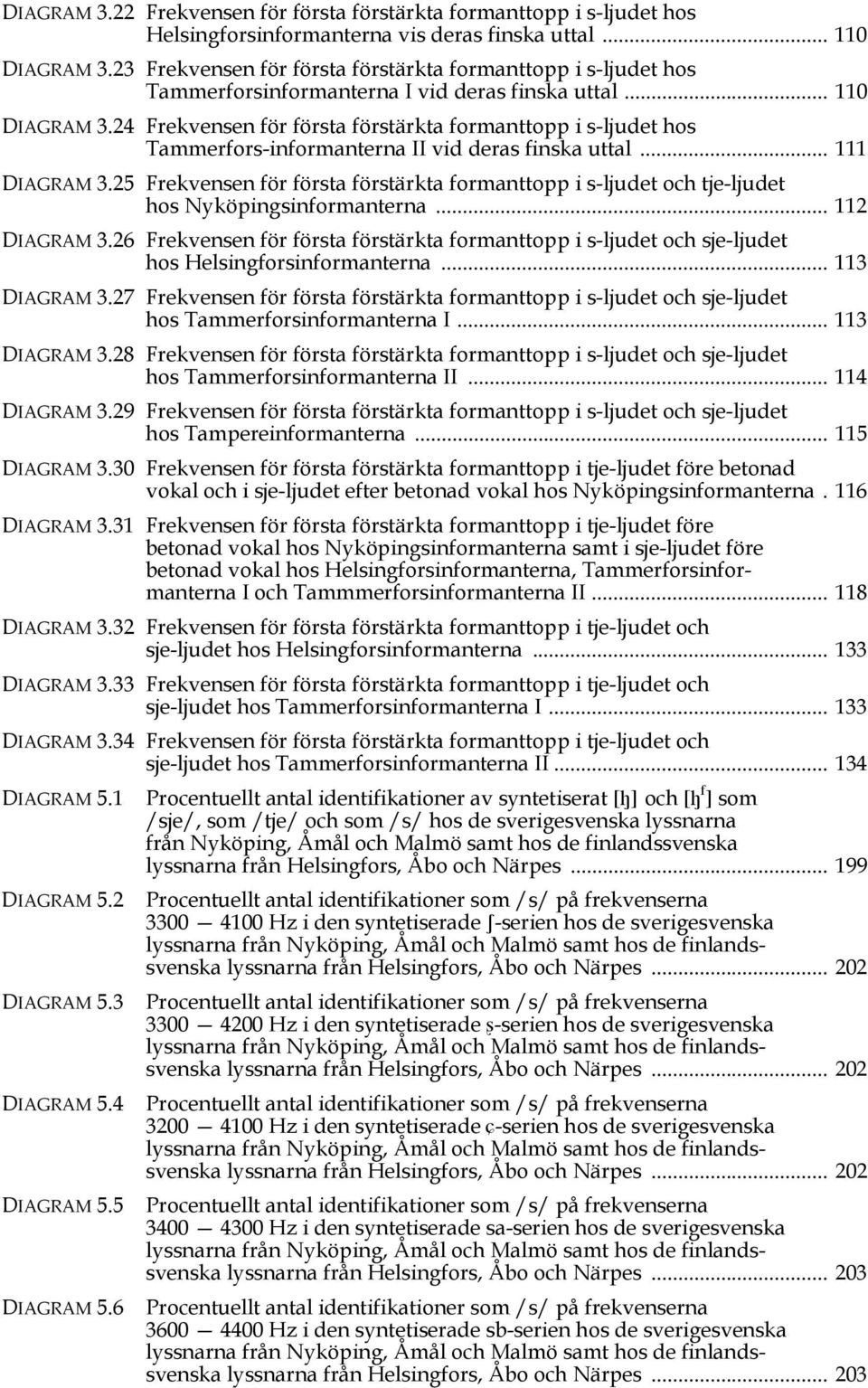 24 Frekvensen för första förstärkta formanttopp i s-ljudet hos Tammerfors-informanterna II vid deras finska uttal... 111 DIAGRAM 3.