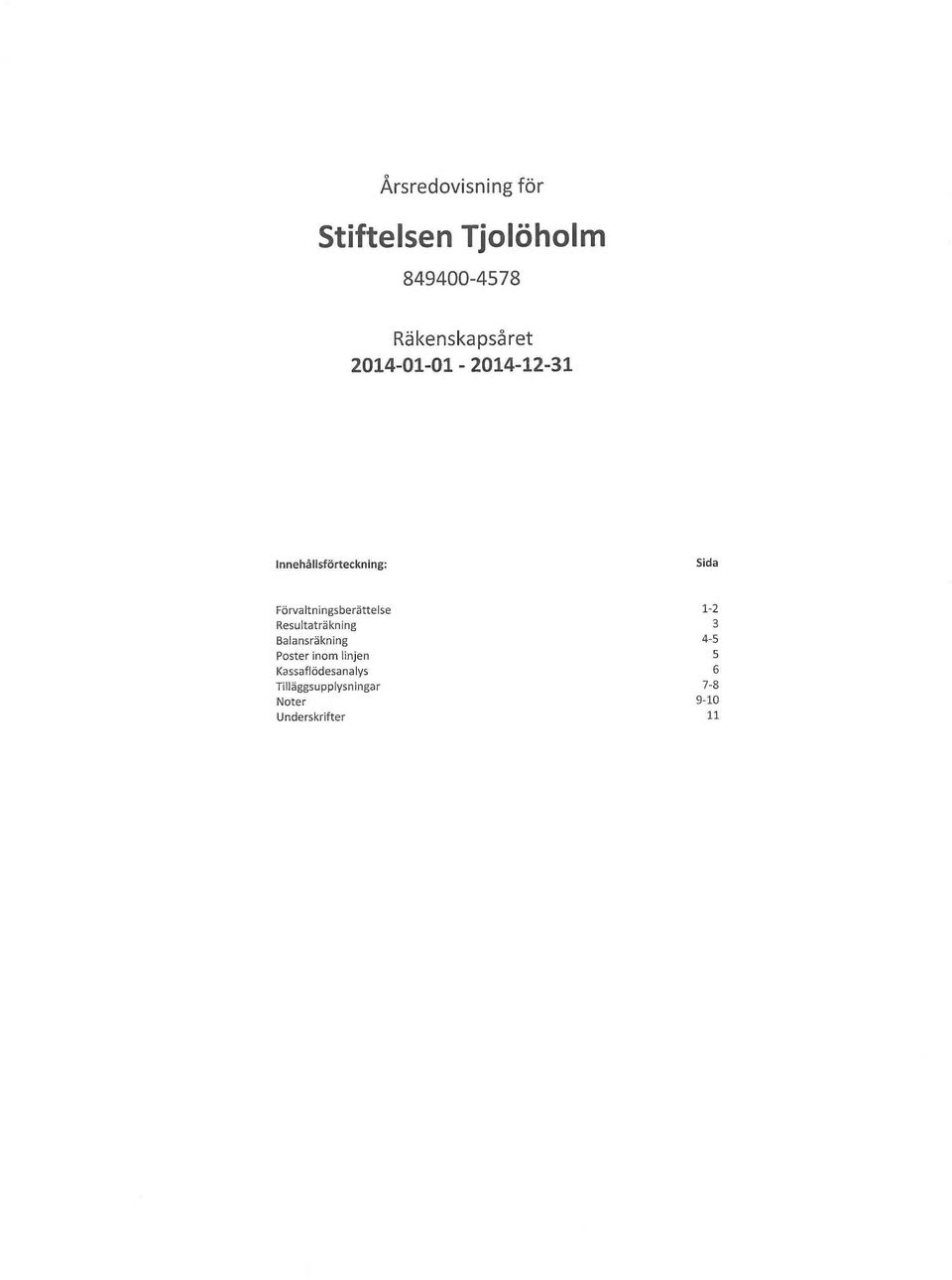 Förvaltningsberättelse 1-2 Resultaträkning 3 Balansräkning 4-5