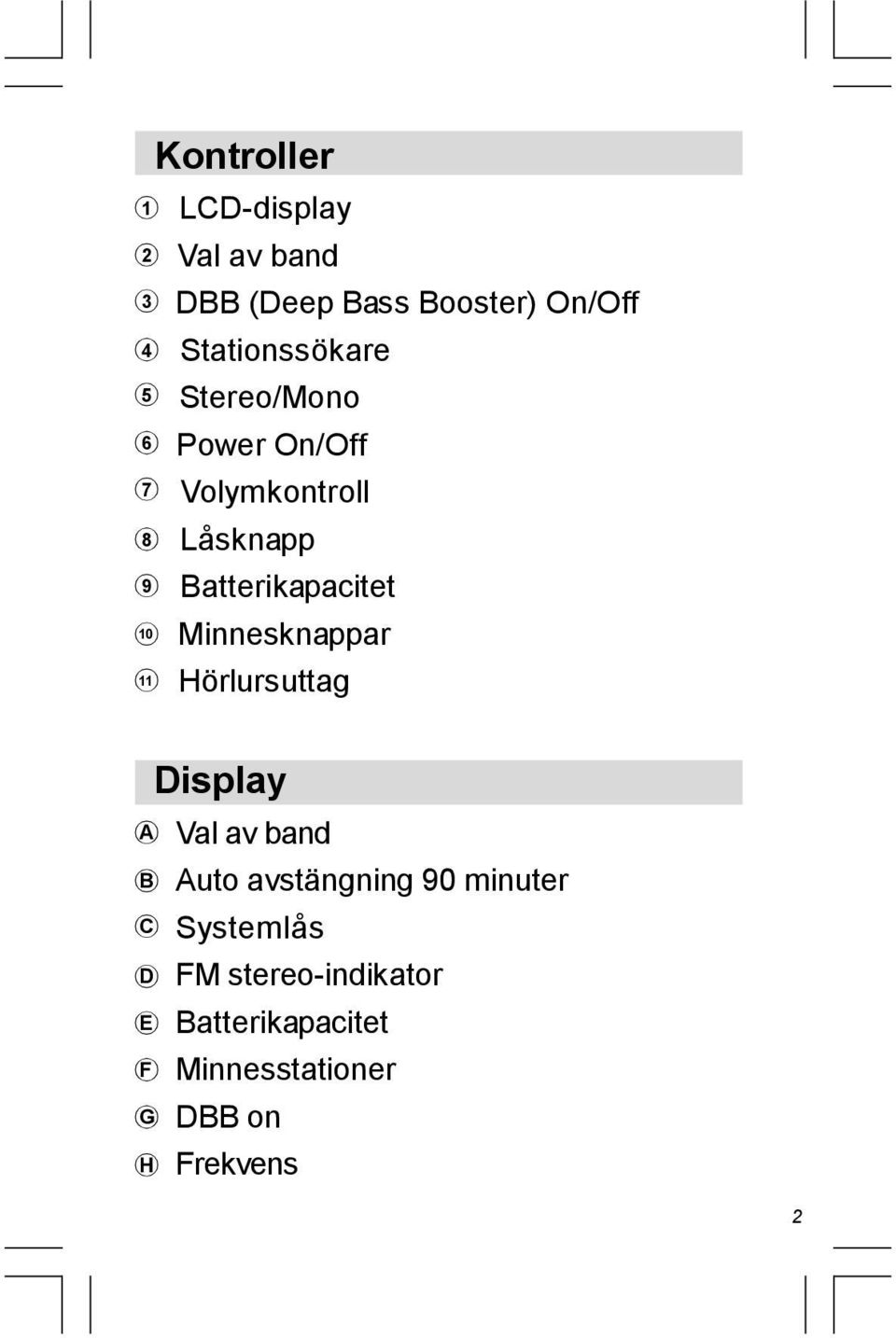 Batterikapacitet Minnesknappar Hörlursuttag A B C D E F G H Display Val av band Auto