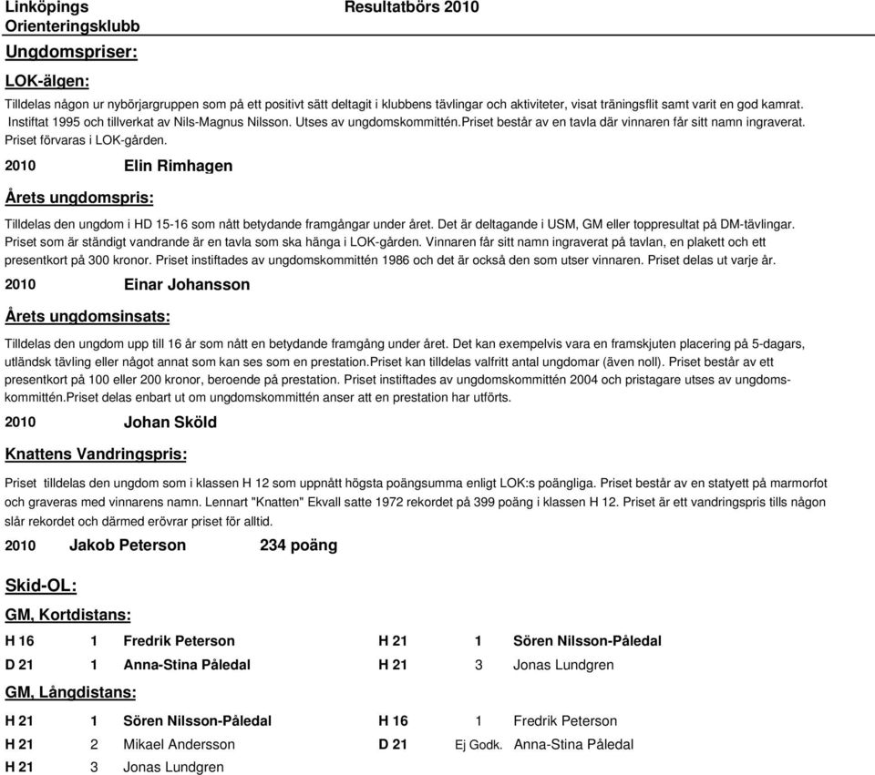2010 Elin Rimhagen Årets ungdomspris: Tilldelas den ungdom i HD 15-16 som nått betydande framgångar under året. Det är deltagande i USM, GM eller toppresultat på DM-tävlingar.