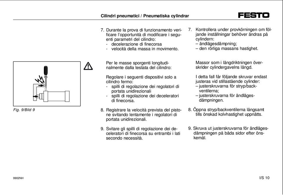 Kontrollera under provkörningen om följande inställningar behöver ändras på cylindern: ändlägesdämpning; den rörliga massans hastighet. Fig.