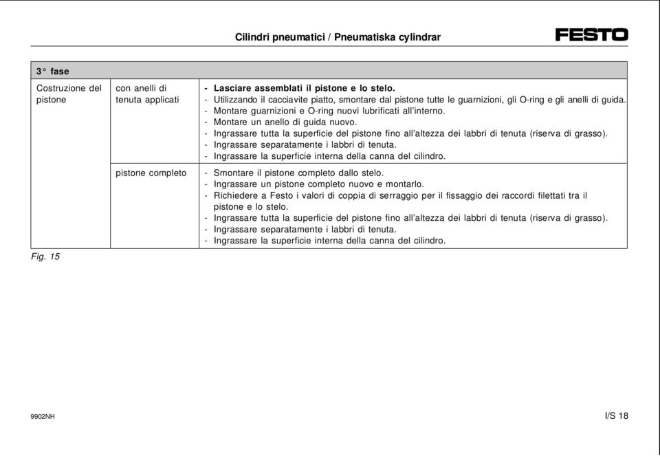 - Montare un anello di guida nuovo. - Ingrassare tutta la superficie del pistone fino all altezza dei labbri di tenuta (riserva di grasso). - Ingrassare separatamente i labbri di tenuta.