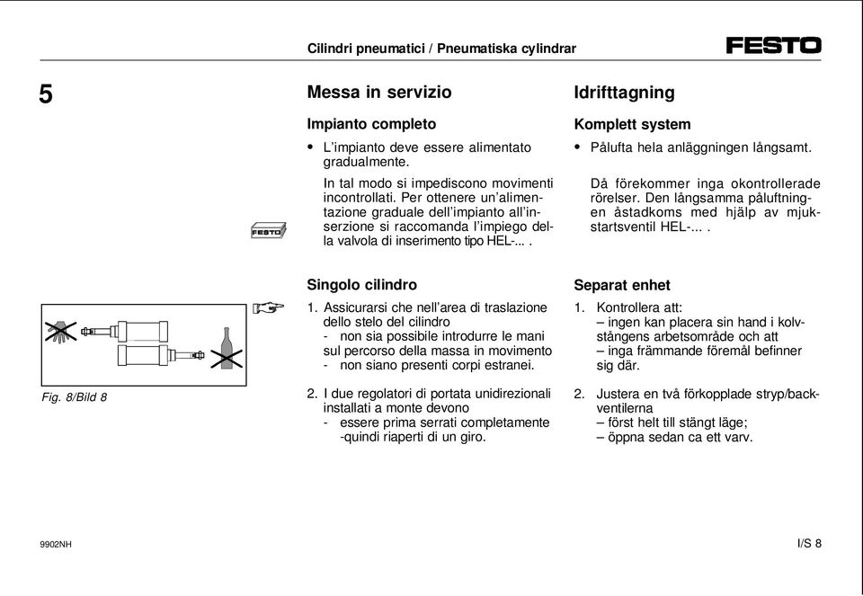 Då förekommer inga okontrollerade rörelser. Den långsamma påluftningen åstadkoms med hjälp av mjukstartsventil HEL-.... Fig. 8/Bild 8 Singolo cilindro 1.