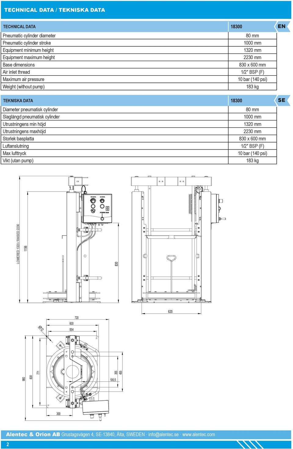 18300 Diameter pneumatisk cylinder Slaglängd pneumatisk cylinder Utrustningens min höjd Utrustningens maxhöjd Storlek basplatta Luftanslutning Max lufttryck Vikt